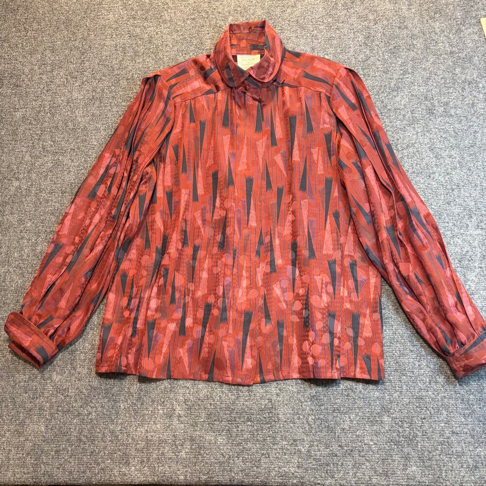 Norma Thompson Silk Red Black Abstract Print Button Down Blouse Size 10 Vintage